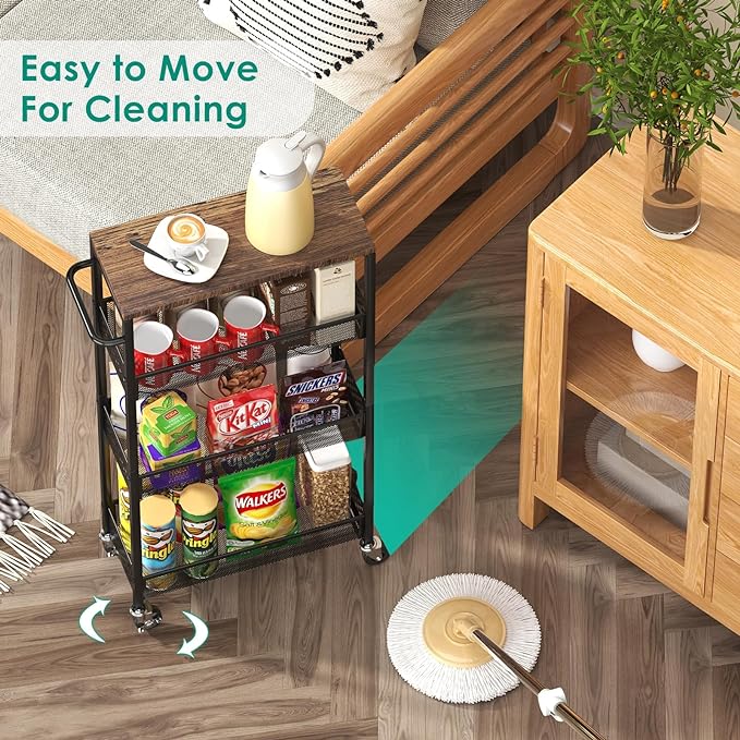 Slim Storage Cart 4 Tier Narrow Kitchen Rolling Cart on Wheels for Small Space, Mobile Utility Cart Shelving Unit with Wooden Top and Metal Handle for Kitchen, Bathroom, Laundry Room - LeafyLoom
