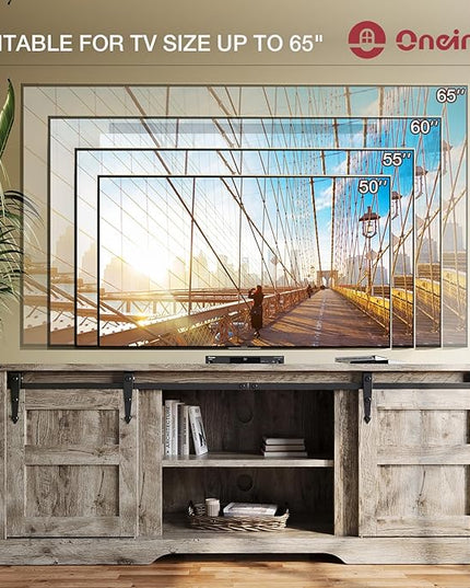 oneinmil TV Stand for 65” TV, Entertainment Center with Storage Cabinets and Sliding Barn Doors, Rustic Media TV Console Table for Living Room, Bedroom, Grey - LeafyLoom