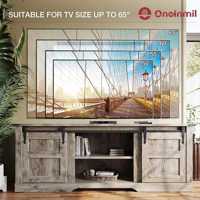 oneinmil TV Stand for 65” TV, Entertainment Center with Storage Cabinets and Sliding Barn Doors, Rustic Media TV Console Table for Living Room, Bedroom, Grey - LeafyLoom
