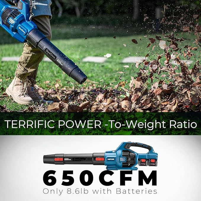 DongCheng Leaf Blower, 650 CFM 40V Cordless Leaf Blower with 2 * 4.0Ah Batteries and Charger, Variable Speed Jet Fan Brushless Motor Electric Leaf Blower for Town Care, Patio, Blowing Leaves and Snow - LeafyLoom