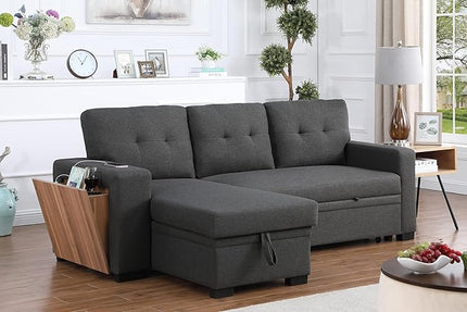 L Shaped Pull Out Couch with Storage Chaise & 3 Removable Back Cushions,Linen Upholstered Sectional Sleeper Sofa Bed W/Side Open Cup Holder&USB Port for Living Room,Office,Dark Grey,92" - LeafyLoom