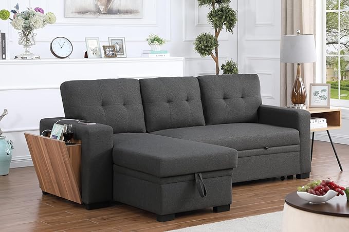 L Shaped Pull Out Couch with Storage Chaise & 3 Removable Back Cushions,Linen Upholstered Sectional Sleeper Sofa Bed W/Side Open Cup Holder&USB Port for Living Room,Office,Dark Grey,92" - LeafyLoom