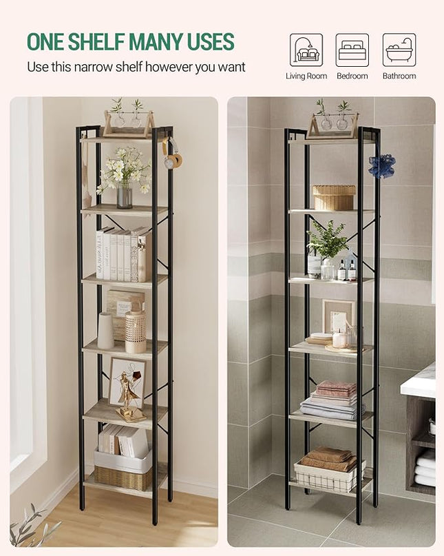 Bookshelf, Book Shelf, Industrial Bookcase with 2 Hooks, Coner Shelf Storage Organizer for Home Office, Living Room, Bedroom, Kitchen, 6-Tier Greige BC10705B - LeafyLoom