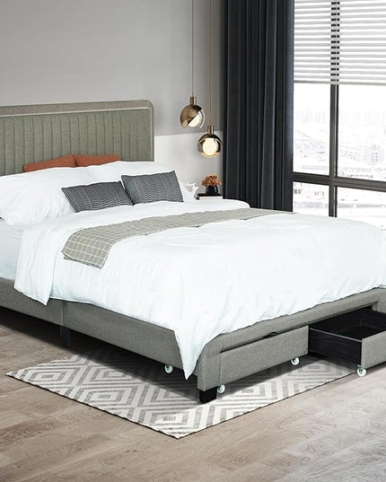 Queen Size Linen Fabric Upholstered Platform Bed with Adjustable LED Headboard and Footboard Drawers,Rubberwood Bed-frame for Bedroom,Guest room,Apartment,No Box Spring Require,Stone Gray - LeafyLoom