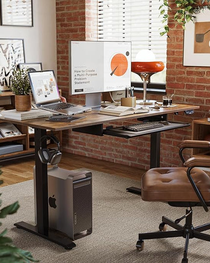 Height Adjustable Desk with Keyboard Tray, 55 x 24 Inches Electric Standing Desk, Stand up Computer Table with Memory Preset, Rustic Brown, Splice Board - LeafyLoom