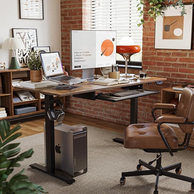 Height Adjustable Desk with Keyboard Tray, 55 x 24 Inches Electric Standing Desk, Stand up Computer Table with Memory Preset, Rustic Brown, Splice Board - LeafyLoom