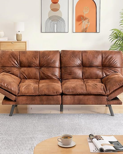 Memory Foam Faux Leather Futon Sofa Bed Couch,Convertible Futon Sofa Couch,Loveseat Sleeper Sofa Bed,Small Splitback Modern Sofa Bed for Living Room,Office,Apartment,Brown - LeafyLoom