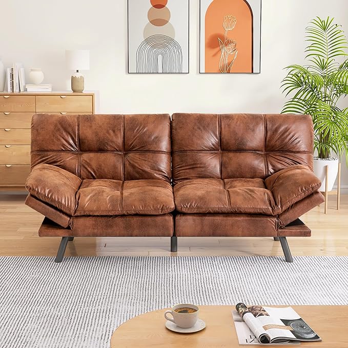 Memory Foam Faux Leather Futon Sofa Bed Couch,Convertible Futon Sofa Couch,Loveseat Sleeper Sofa Bed,Small Splitback Modern Sofa Bed for Living Room,Office,Apartment,Brown - LeafyLoom