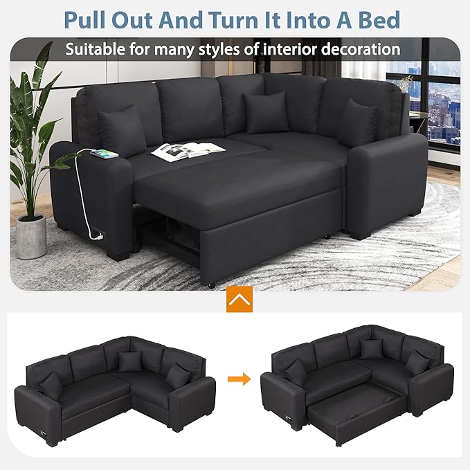 3 in 1 Convertible Sectional Sofa with Pull Out Bed , 87.4" L Shaped Corner Couch with USB Charging Ports & Plug Outlet , Breathable Linen Fabric Conversion Sofabed for Living Room Office Furniture - LeafyLoom