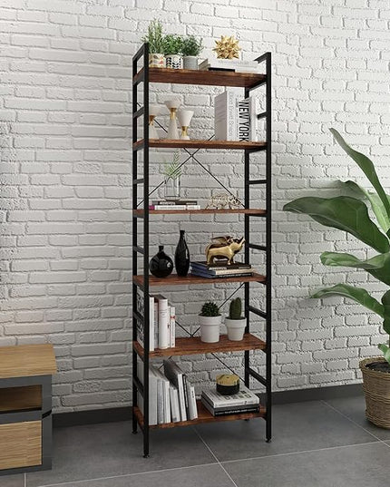 6 Tier Industrial Bookcase Shelf,Tall Bookshelf Industrial Corner Storage Organizer for Bedroom/Living Room/Home Office - Rustic Brown Modern Book Shelf for Books and Movies - LeafyLoom
