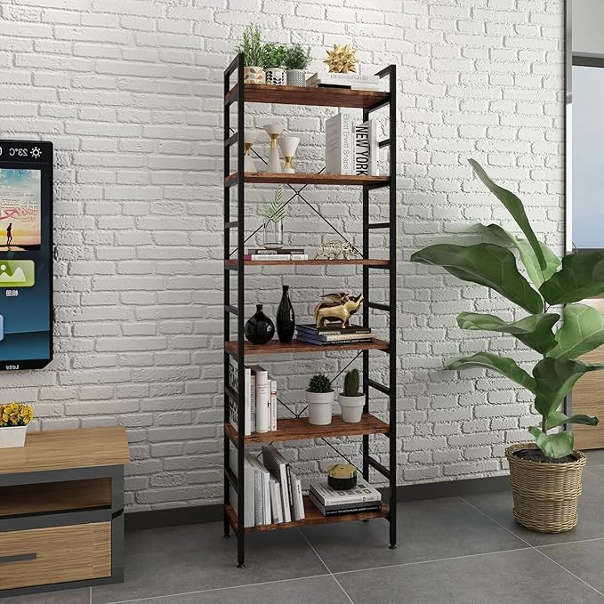 6 Tier Industrial Bookcase Shelf,Tall Bookshelf Industrial Corner Storage Organizer for Bedroom/Living Room/Home Office - Rustic Brown Modern Book Shelf for Books and Movies - LeafyLoom