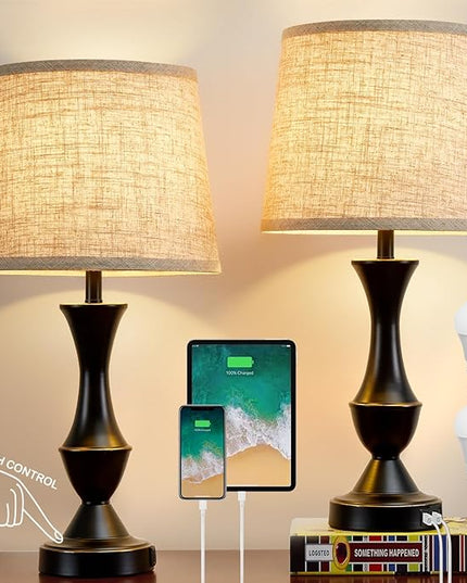 Luvkczc Table Lamps for Bedrooms Set of 2, Bedside Lamps with USB C+A Ports, Lamps for Nightstand, Touch Table Lamps, 3 Way Dimmable Nightstand Lamps for Bedroom, Living Room (Bulb Included) - LeafyLoom