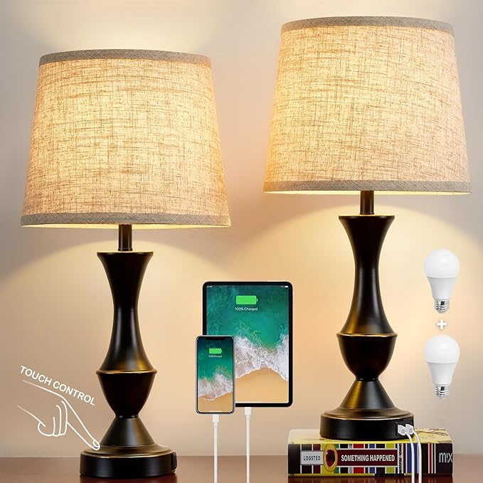 Luvkczc Table Lamps for Bedrooms Set of 2, Bedside Lamps with USB C+A Ports, Lamps for Nightstand, Touch Table Lamps, 3 Way Dimmable Nightstand Lamps for Bedroom, Living Room (Bulb Included) - LeafyLoom