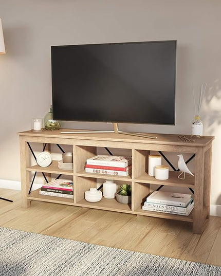Henn&Hart Rectangular TV Stand for TV's up to 65" in White Oak, Electric Fireplace TV Stands for the Living Room - LeafyLoom