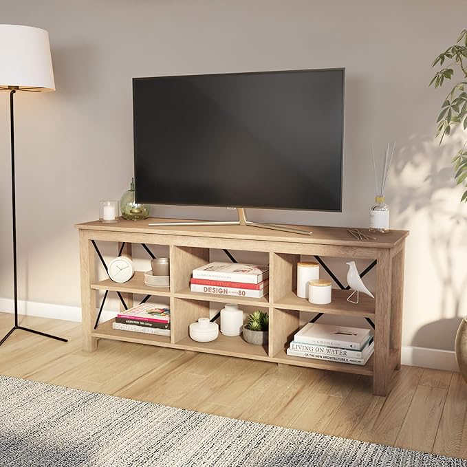 Henn&Hart Rectangular TV Stand for TV's up to 65" in White Oak, Electric Fireplace TV Stands for the Living Room - LeafyLoom