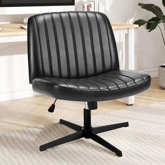 Criss Cross Chair, Cross Legged Office Chair, Wide Comfty Desk Chair, No Wheels Armless Computer Task Chair, Swivel Vanity Home Chair, Height Adjustable - LeafyLoom
