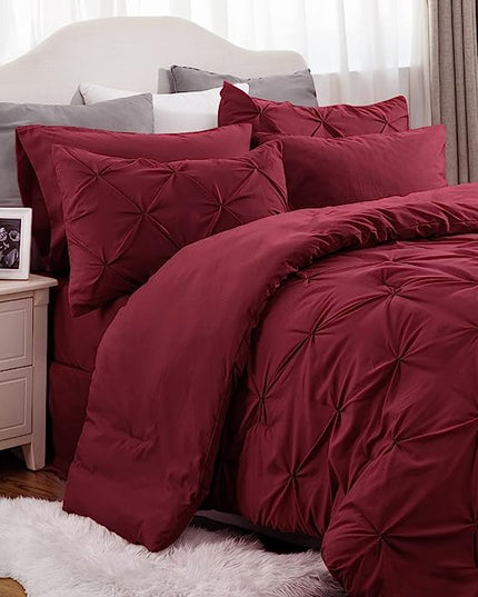 Bedsure Red Comforter Set King - Bedding Set King 7 Pieces, Pintuck Bed in a Bag Burgundy Bed Set with Comforter, Sheets, Pillowcases & Shams - LeafyLoom