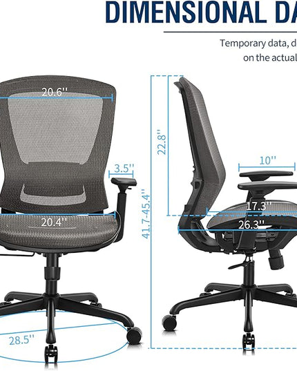 Mesh Office Chair,Ergonomic Computer Desk Chair,Sturdy Task Chair- Adjustable Lumbar Support & Armrests,Tilt Function,Comfort Wide Seat,Swivel Home Office Chair (Grey) - LeafyLoom