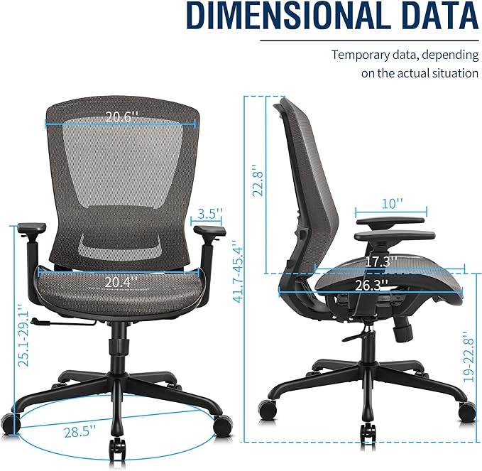Mesh Office Chair,Ergonomic Computer Desk Chair,Sturdy Task Chair- Adjustable Lumbar Support & Armrests,Tilt Function,Comfort Wide Seat,Swivel Home Office Chair (Grey) - LeafyLoom