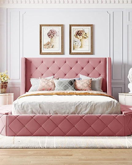 Queen Size Velvet Upholstered Platform Bed with Wingback Headboard, Spacious Drawer, and Convenient Side Storage Stools, Comfort Platform Bed Frame for Home Bedroom, Pink - LeafyLoom