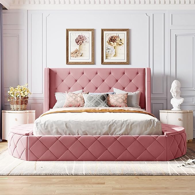 Queen Size Velvet Upholstered Platform Bed with Wingback Headboard, Spacious Drawer, and Convenient Side Storage Stools, Comfort Platform Bed Frame for Home Bedroom, Pink - LeafyLoom