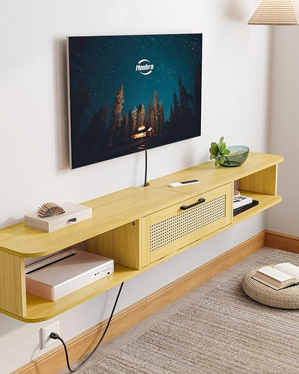 HOOBRO Floating TV Stand for TV up to 75 inches, Wall-Mounted TV Cabinet with 4 Power Outlet, Floating Entertainment Center TV Media Console Shelves with Rattan Flip-Down-Door, Natural NL160UDS01 - LeafyLoom