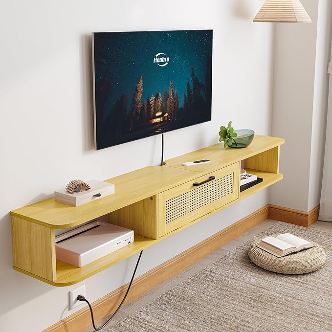 HOOBRO Floating TV Stand for TV up to 75 inches, Wall-Mounted TV Cabinet with 4 Power Outlet, Floating Entertainment Center TV Media Console Shelves with Rattan Flip-Down-Door, Natural NL160UDS01 - LeafyLoom