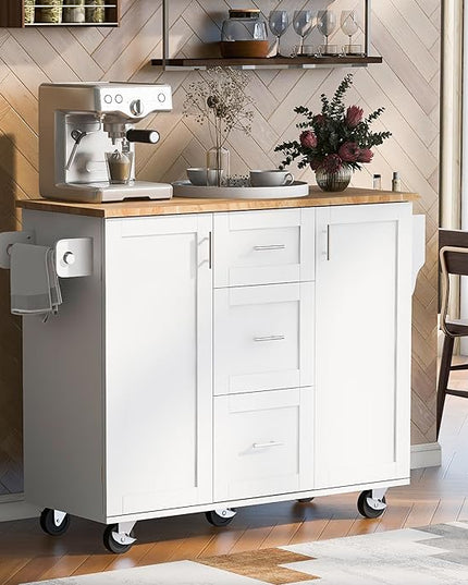 Kitchen Island with Storage, Spice Rack & Tower Rack, Mobile Rolling Kitchen-Cart on Wheels w/Rubber Wood Top, 3 Drawer, 2 Slide-Out Shelf and Internal Storage Rack - LeafyLoom