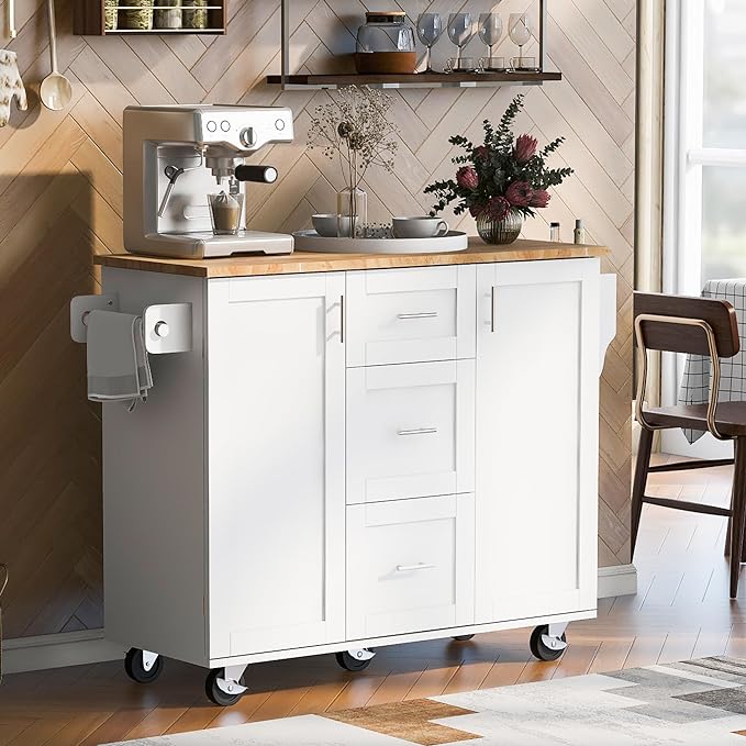 Kitchen Island with Storage, Spice Rack & Tower Rack, Mobile Rolling Kitchen-Cart on Wheels w/Rubber Wood Top, 3 Drawer, 2 Slide-Out Shelf and Internal Storage Rack - LeafyLoom
