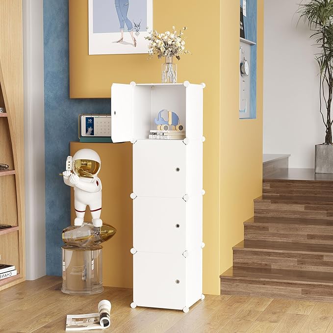 C&AHOME Cube Storage Organizer with Doors, 4-Cube Shelves, Closet Cabinet, DIY Plastic Modular Bookshelf Ideal for Bedroom, Living Room, 24.8" L x 12.4" W x 24.8" H Milky USHS04M-DOOR - LeafyLoom
