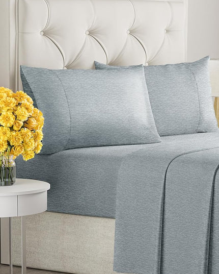 King Size 4 Piece Sheet Set - Comfy Breathable & Cooling Sheets - Hotel Luxury Bed Sheets for Women & Men - Deep Pockets, Easy-Fit, Soft & Wrinkle Free Sheets - Heathered Blue Oeko-Tex Bed Sheet Set - LeafyLoom