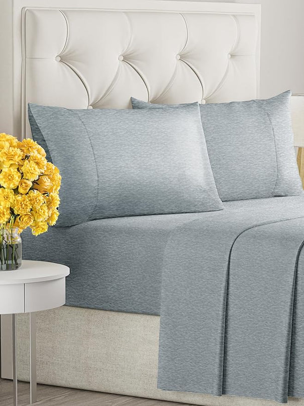 King Size 4 Piece Sheet Set - Comfy Breathable & Cooling Sheets - Hotel Luxury Bed Sheets for Women & Men - Deep Pockets, Easy-Fit, Soft & Wrinkle Free Sheets - Heathered Blue Oeko-Tex Bed Sheet Set - LeafyLoom