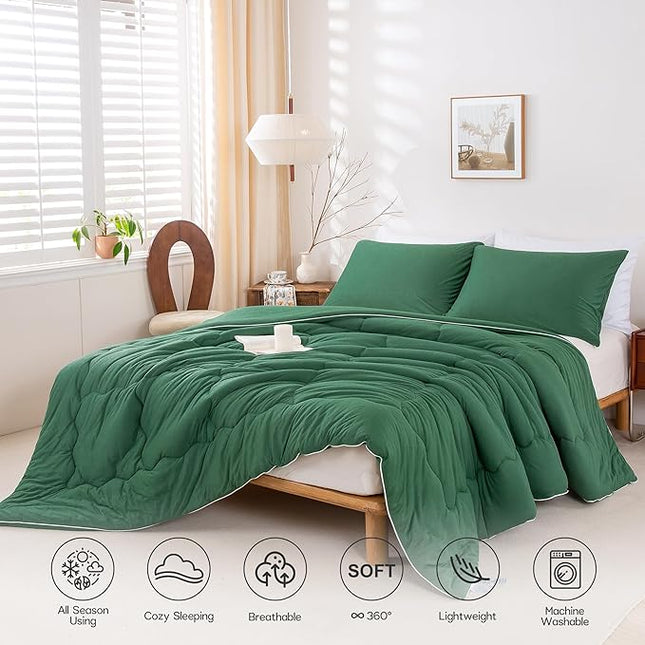 COTTEBED Softness Comforter Set KING Size Bed, Jersey Knit Cotton T-Shirt Feel Ultra-Soft Comy Lightweight Bedding Quilt Blanket Pillowsham All Season, California/Cal King Emerald/Hunter/Forest Green - LeafyLoom