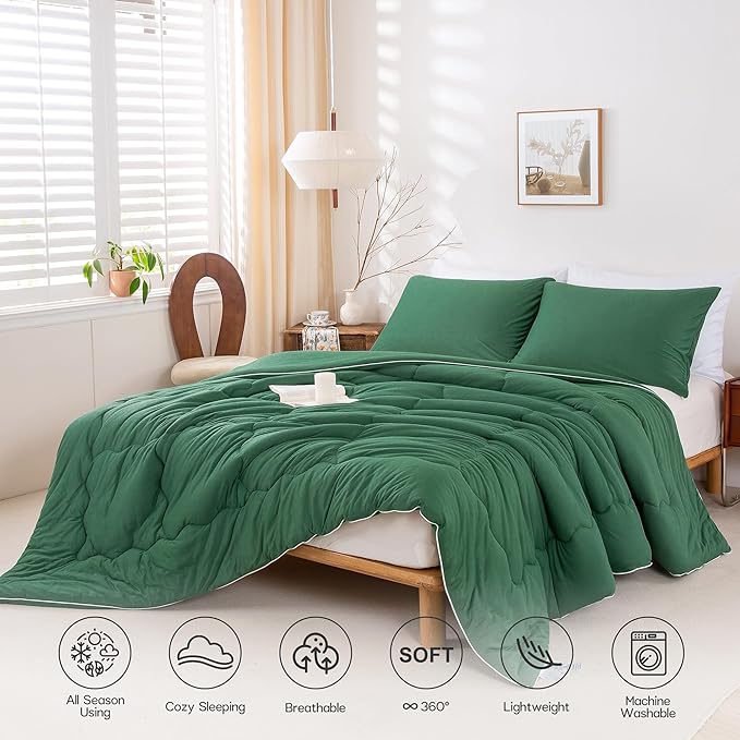 COTTEBED Softness Comforter Set KING Size Bed, Jersey Knit Cotton T-Shirt Feel Ultra-Soft Comy Lightweight Bedding Quilt Blanket Pillowsham All Season, California/Cal King Emerald/Hunter/Forest Green - LeafyLoom