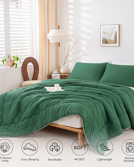 COTTEBED Forest Green Comforter Queen Size, Jersey Knit Cotton T-Shirt Feel Ultra-Soft Cute Cozy Lightweight Bedding Blanket Quilt Down Set & Pillowcase All Season Use Emerald Hunter Green,Full/Queen - LeafyLoom