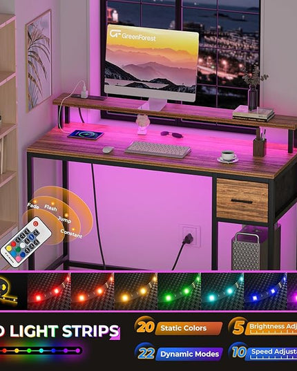 GreenForest Computer Desk with Drawers 47 inch,Gaming Desk with LED Lights & Power Outlets Small Desk with Monitor Stand and Reversible Shelf,Walnut - LeafyLoom