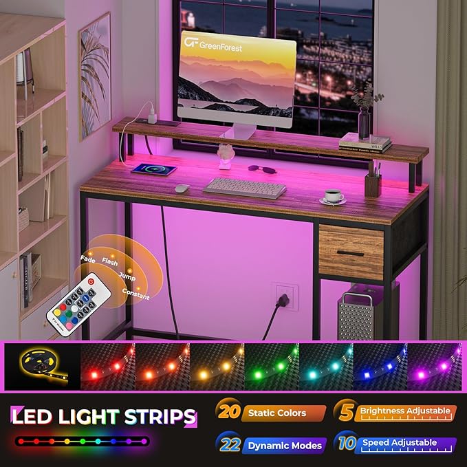 GreenForest Computer Desk with Drawers 47 inch,Gaming Desk with LED Lights & Power Outlets Small Desk with Monitor Stand and Reversible Shelf,Walnut - LeafyLoom