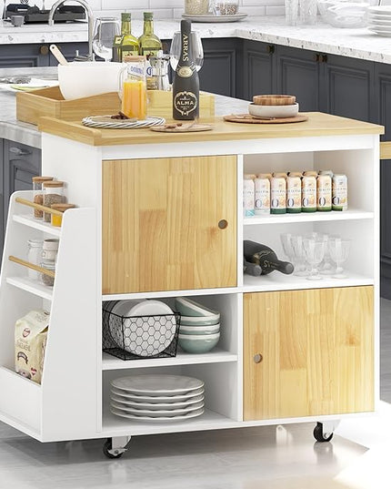 NSdirect Kitchen Island with Storage,Rolling Kitchen Island on Wheels Portable cart Rolling with Spice Racks Towel Holder Utility Trolley with Wood Tray for Home Hotel Kitchen Dinning Room,White - LeafyLoom