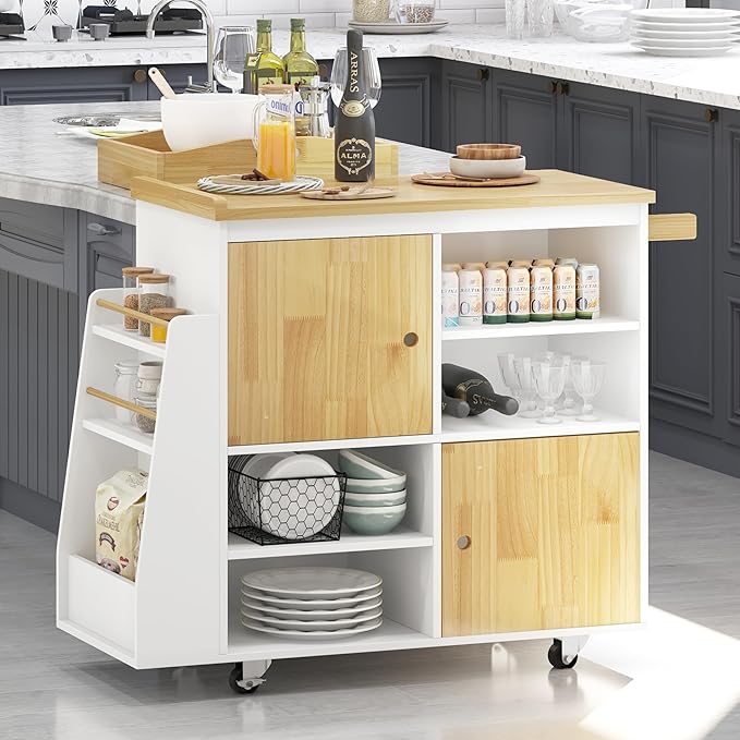 NSdirect Kitchen Island with Storage,Rolling Kitchen Island on Wheels Portable cart Rolling with Spice Racks Towel Holder Utility Trolley with Wood Tray for Home Hotel Kitchen Dinning Room,White - LeafyLoom