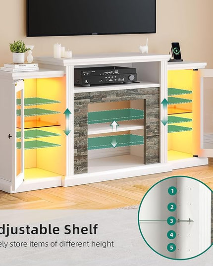 YITAHOME TV Stand for 65 55 Inch TV with LED Light & Power Outlets, 30'' Tall Highboy Entertainment Center TV Cabinets w/Glass Doors, Mid Century Modern TV Media Console Table for Living Room, White - LeafyLoom