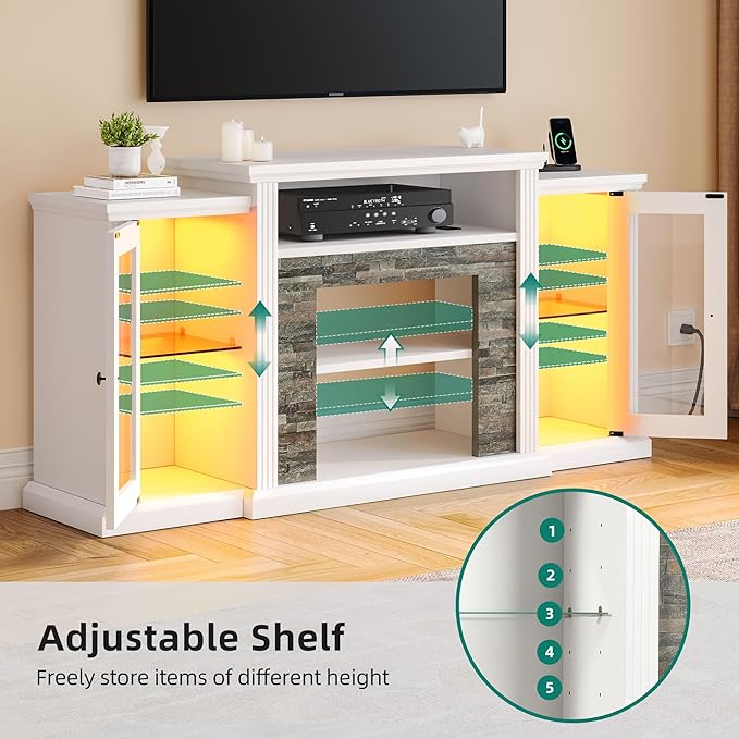 YITAHOME TV Stand for 65 55 Inch TV with LED Light & Power Outlets, 30'' Tall Highboy Entertainment Center TV Cabinets w/Glass Doors, Mid Century Modern TV Media Console Table for Living Room, White - LeafyLoom