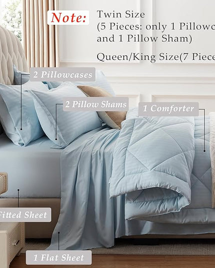 NexHome Light Blue King Bed in a Bag 7-Pieces Comforter Sets with Comforter and Sheets Soft All Season Bedding Sets with Comforter, Pillow Shams, Flat Sheet, Fitted Sheet and Pillowcases - LeafyLoom