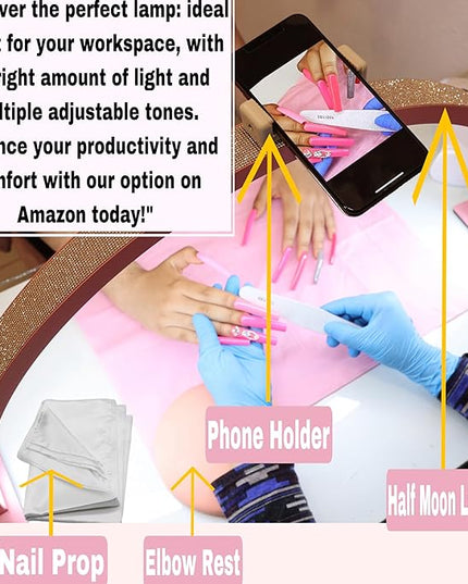 Half Moon Light for Nail Desk-4pcs Set-Half Moon Light-Half Moon Light for Esthetician-Half Moon Lamp for Nails-Nail Lamp for Desk-Nail Desk Light-BONUS Phone Holder,Nail Prop & Elbow Rest - LeafyLoom