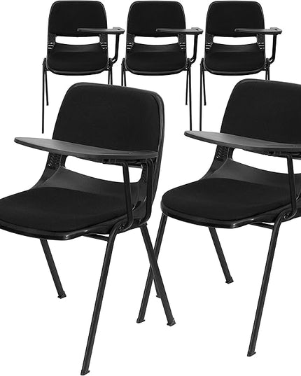 Flash Furniture HERCULES 5 Pack Black Padded Ergonomic Shell Chair with Left Handed Flip-Up Tablet Arm - LeafyLoom