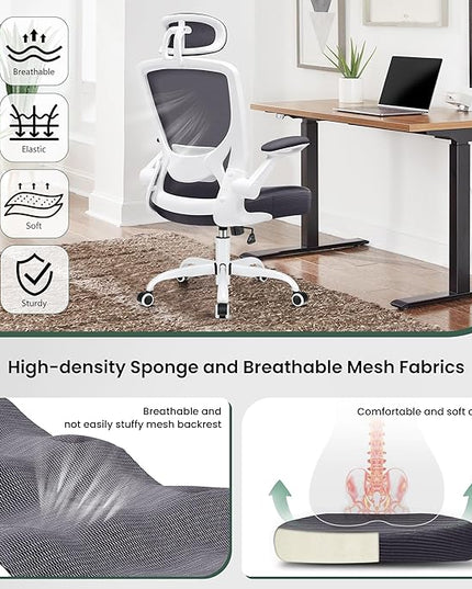 KERDOM Ergonomic Office Chair, Lumbar Support Computer Chair with Headrest and Flip-up Arms, Breathable Mesh Desk Chair, Swivel Task Chair, Adjustable Height Gaming Chair, Darkgray - LeafyLoom