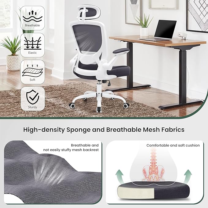 KERDOM Ergonomic Office Chair, Lumbar Support Computer Chair with Headrest and Flip-up Arms, Breathable Mesh Desk Chair, Swivel Task Chair, Adjustable Height Gaming Chair, Darkgray - LeafyLoom