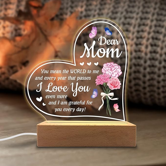 Acrylic Night Light Gift for Mother - You Mean The World to Me - Acrylic Light Gift for Mom from Son, Daughter on Mothers Day - Birthday Gifts to Mom - LeafyLoom