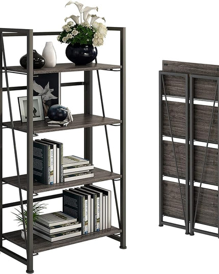 No-Assembly Folding Bookshelf Storage Shelves 4 Tiers Vintage Multifunctional Plant Flower Stand Storage Rack Shelves Bookcase for Home Office (Gray and Black-4, 4-Tier) - LeafyLoom