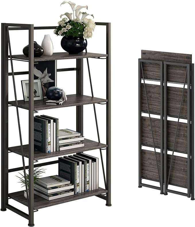 No-Assembly Folding Bookshelf Storage Shelves 4 Tiers Vintage Multifunctional Plant Flower Stand Storage Rack Shelves Bookcase for Home Office (Gray and Black-4, 4-Tier) - LeafyLoom
