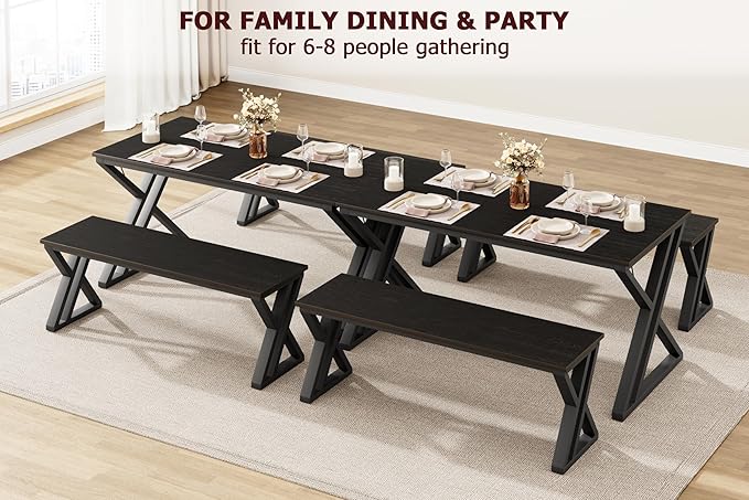 IDEALHOUSE Kitchen Table with Benches, Dining Table Benches Set for 4-6, Rectangular Kitchen Table Set with Sturdy Metal Frame, Saving Space for Kitchen, Dining Room, Apartment, 55", Black - LeafyLoom